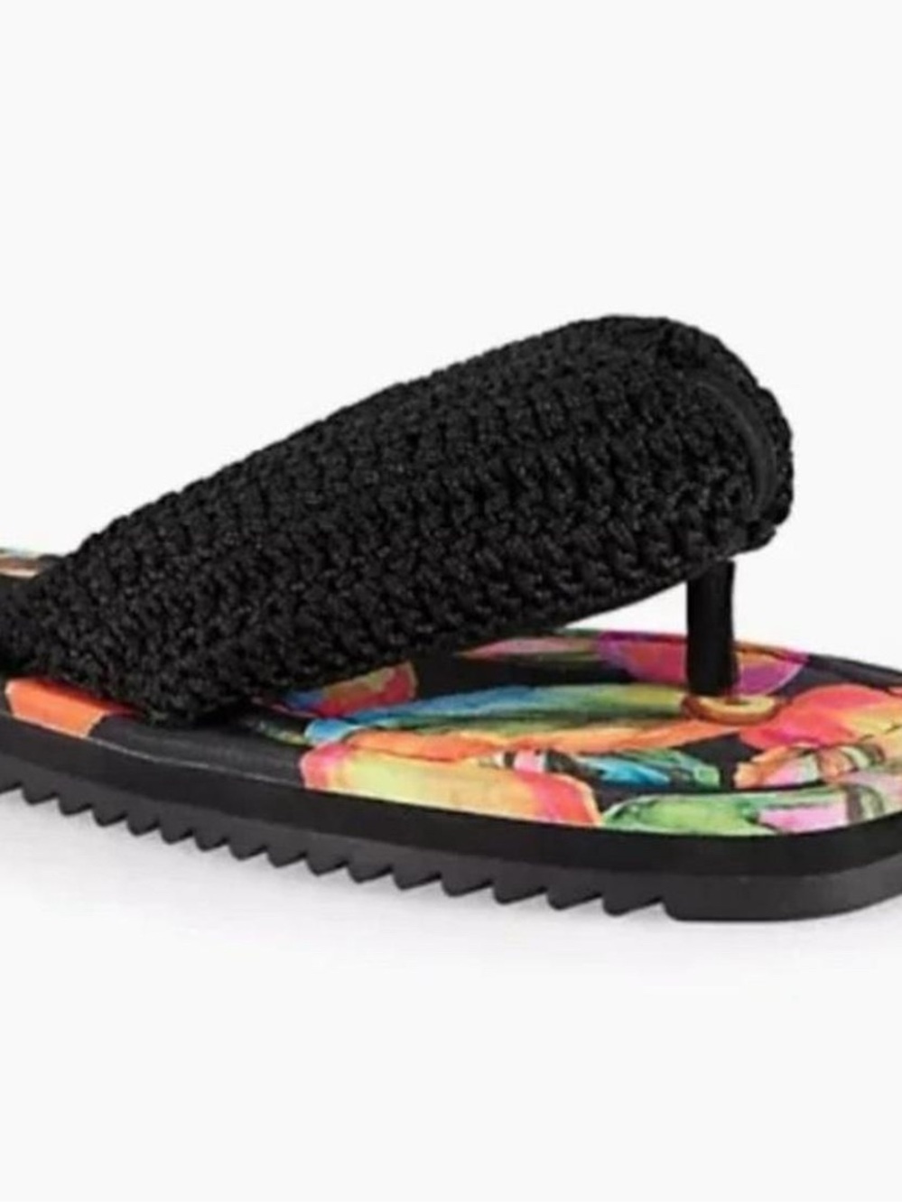 FARM Rio Black Crochet Toe-Post Sandals with Multicolor Floral Footbed - Picture 3 of 3
